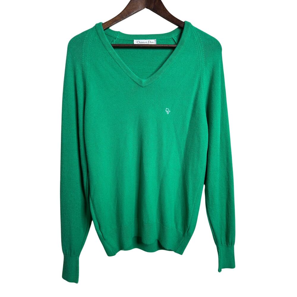 Vintage Christian Dior Monsieur Sweater size M Green V Neck Logo USA Made